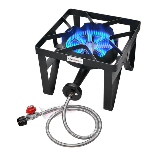 Vivicreate Propane Gas Stove 185000 BTU High Pressure Outdoor Camping Stove with Regulator Cast Iron Burner CSA listed regulator and gas hoseBlack (Normal)